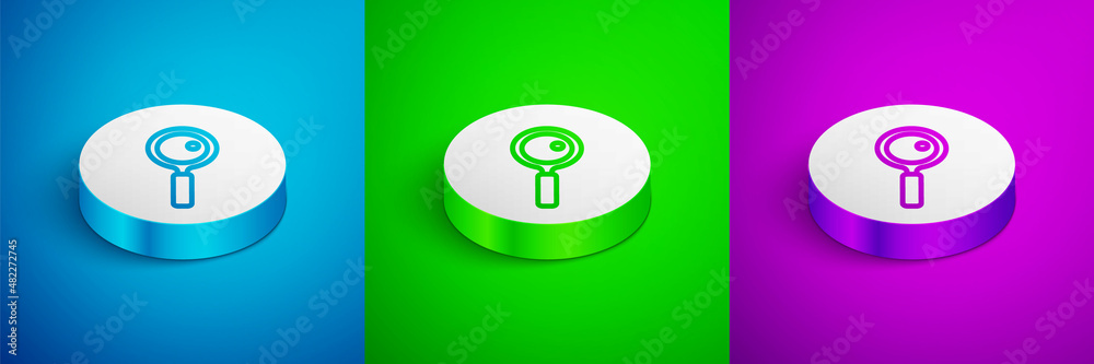 Isometric line Magnifying glass icon isolated on blue, green and purple background. Search, focus, zoom, business symbol. White circle button. Vector Isometric line Magnifying glass icon isolated on blue, green and purple background. Search, focus, zoom, business symbol. White circle button. Vector