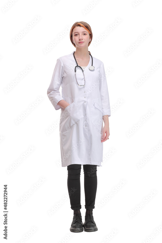 Full length of young smiling medical doctor woman with stethoscope