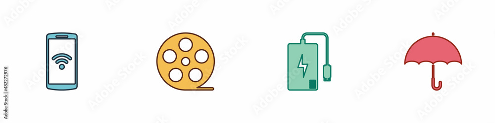 Set Smartphone with wireless, Film reel, Power bank and Umbrella icon. Vector