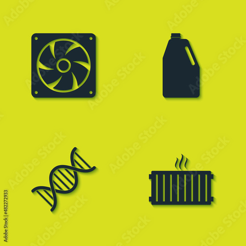 Set Computer cooler, Heating radiator, DNA symbol and Household chemicals bottle icon. Vector
