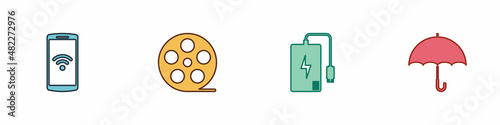 Set Smartphone with wireless, Film reel, Power bank and Umbrella icon. Vector