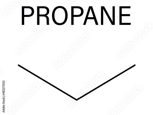 Propane hydrocarbon molecule. Alkane used as fuel in portable stoves, gas blowtorches, cars, etc. Skeletal formula.
