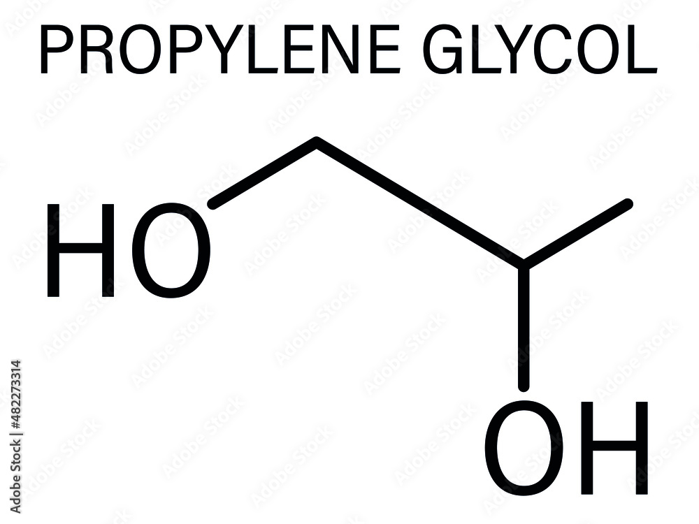 Propylene glycol or 1,2propanediol molecule. Used as solvent in