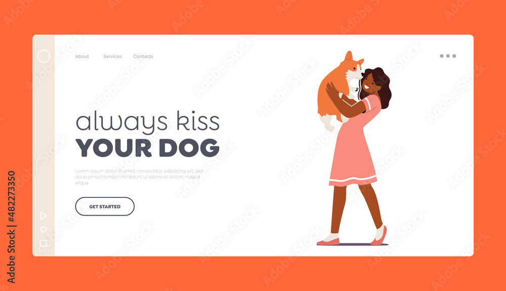 Love, Relationship with Animal Landing Page Template. Girl Holding Cute Puppy on Hands, Kid Hug and Kiss Funny Korgi Dog