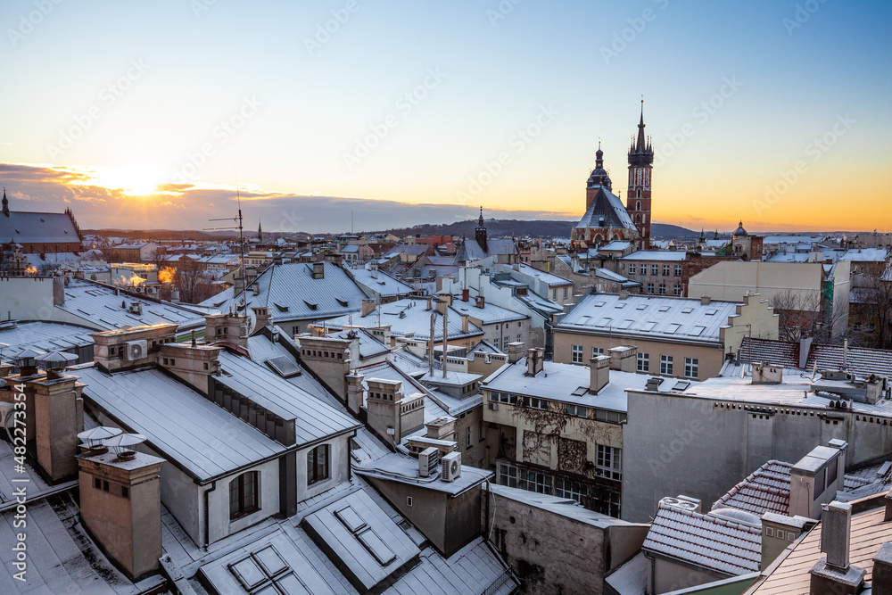 Scenic winter in city center. Cracow, Poland