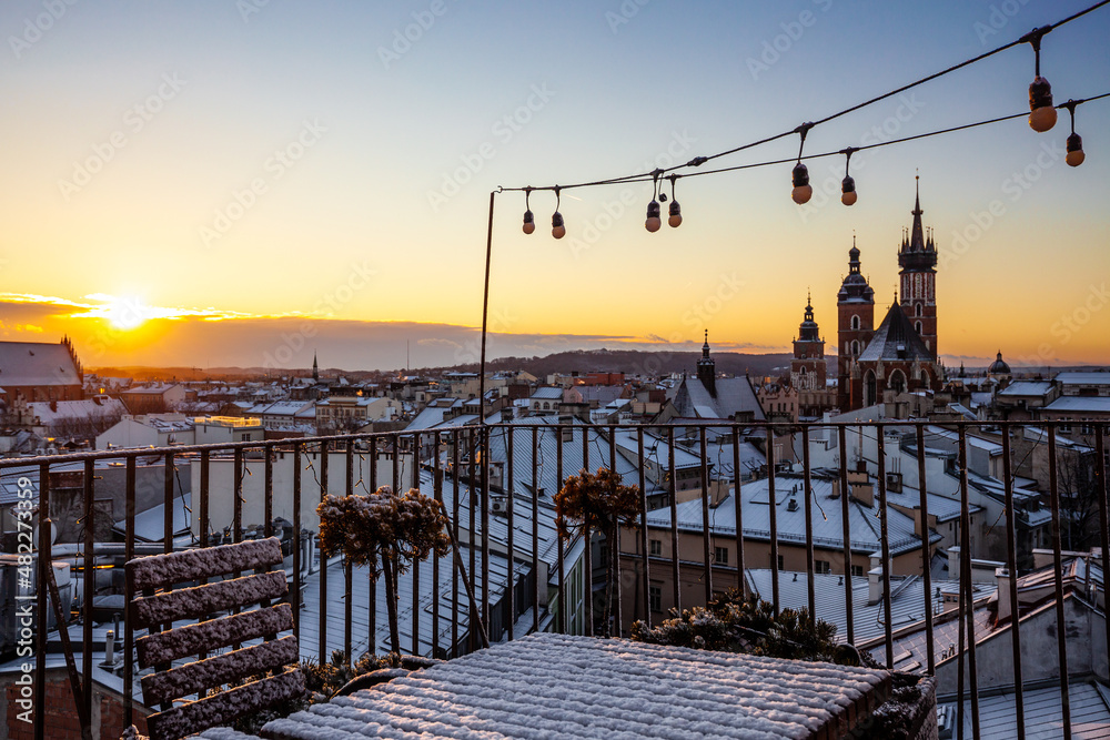 Scenic winter in city center. Cracow, Poland