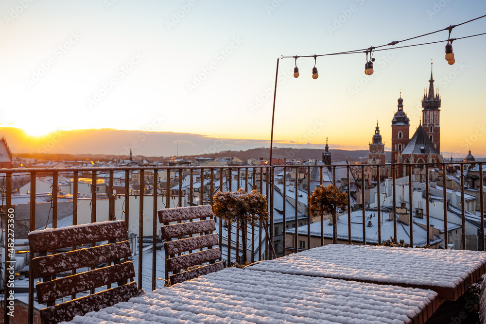 Scenic winter in city center. Cracow, Poland