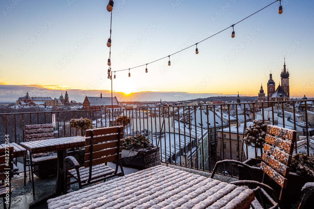 Scenic winter in city center. Cracow, Poland