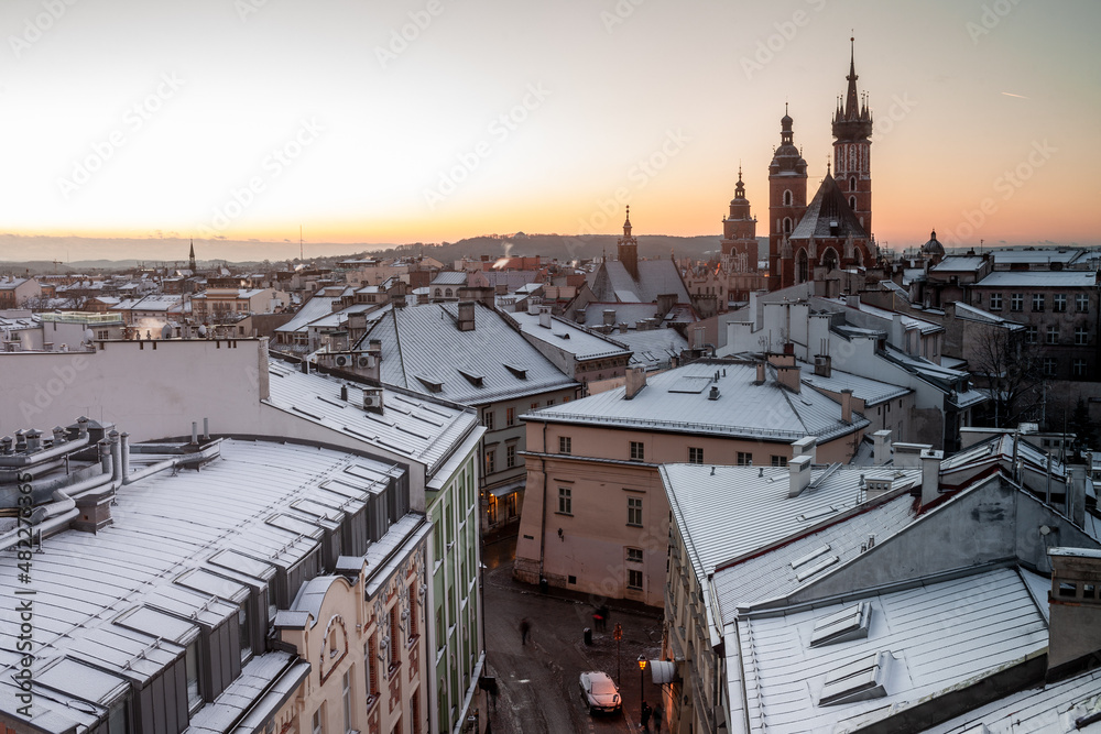 Scenic winter in city center. Cracow, Poland