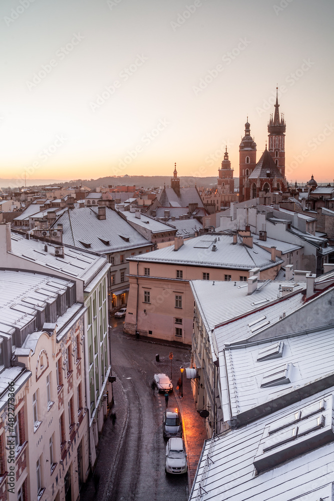 Scenic winter in city center. Cracow, Poland
