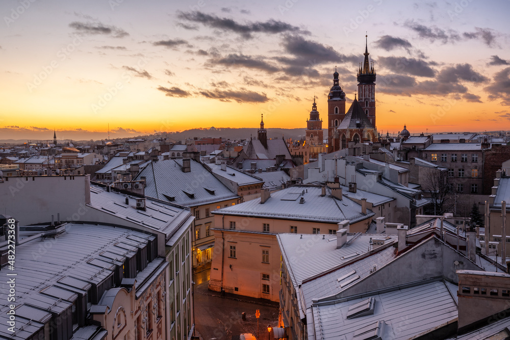 Scenic winter in city center. Cracow, Poland