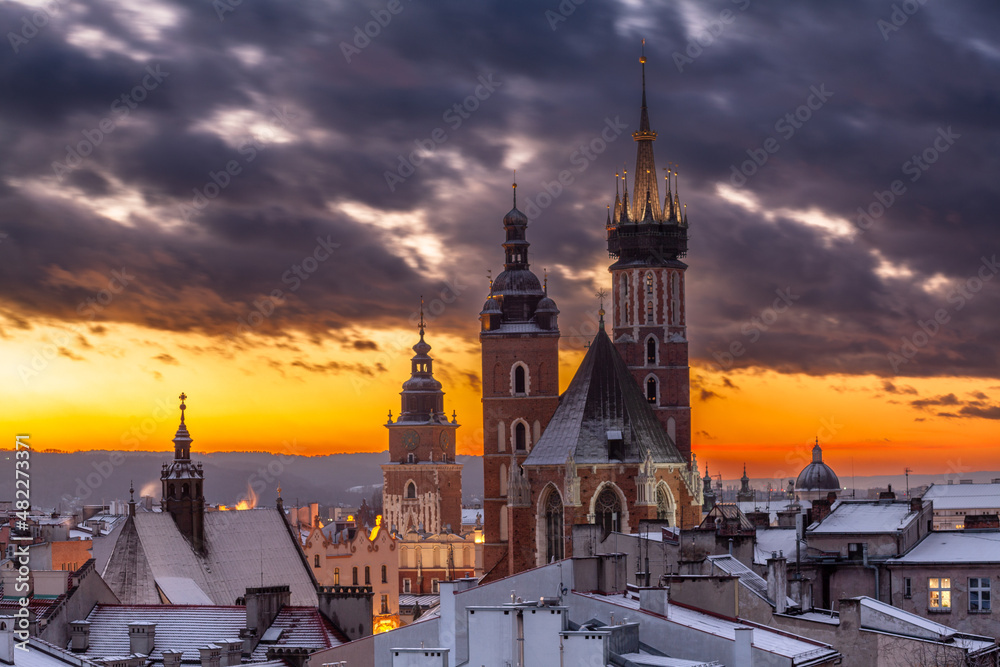 Scenic winter in city center. Cracow, Poland