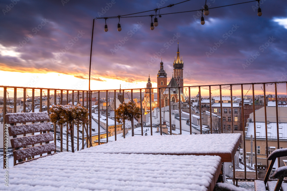Scenic winter in city center. Cracow, Poland