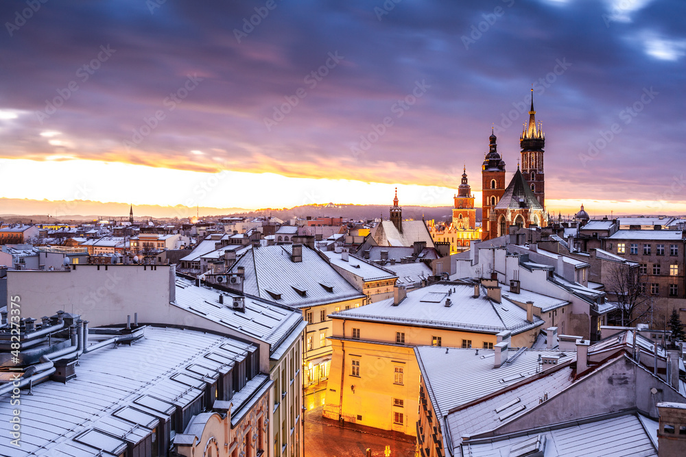 Scenic winter in city center. Cracow, Poland