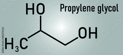 Propylene glycol or 1,2-propanediol molecule. Used as solvent in pharmaceutical drugs, as food additive, in de-icing solutions, etc Skeletal formula.