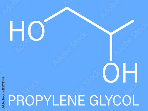 Propylene glycol or 1,2-propanediol molecule. Used as solvent in pharmaceutical drugs, as food additive, in de-icing solutions, etc Skeletal formula.