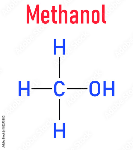 Methanol or methyl alcohol, MeOH, molecule. Highly toxic. Skeletal formula.