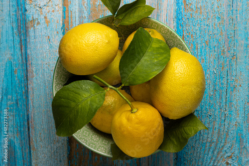 zenital shot of a fruit bowl full of fresh and organic lemons without chemical treatment. The bowl stands on a blue old wooden surface photo