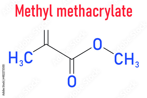 Methyl methacrylate molecule, poly(methyl methacrylate) or acrylic glass building block. Skeletal formula.