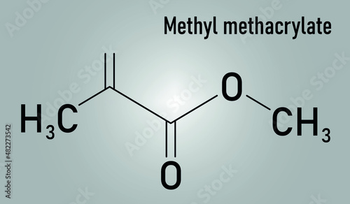 Methyl methacrylate molecule, poly(methyl methacrylate) or acrylic glass building block. Skeletal formula.