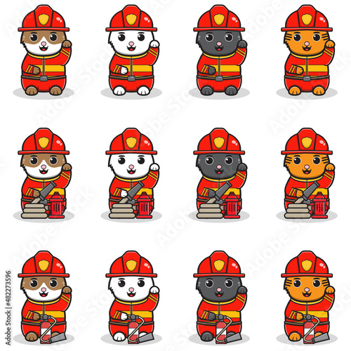 Vector illustration of cute Cats with firefighter costume. Maneki neko. Lucky cat character vector design. Cartoon character design set.