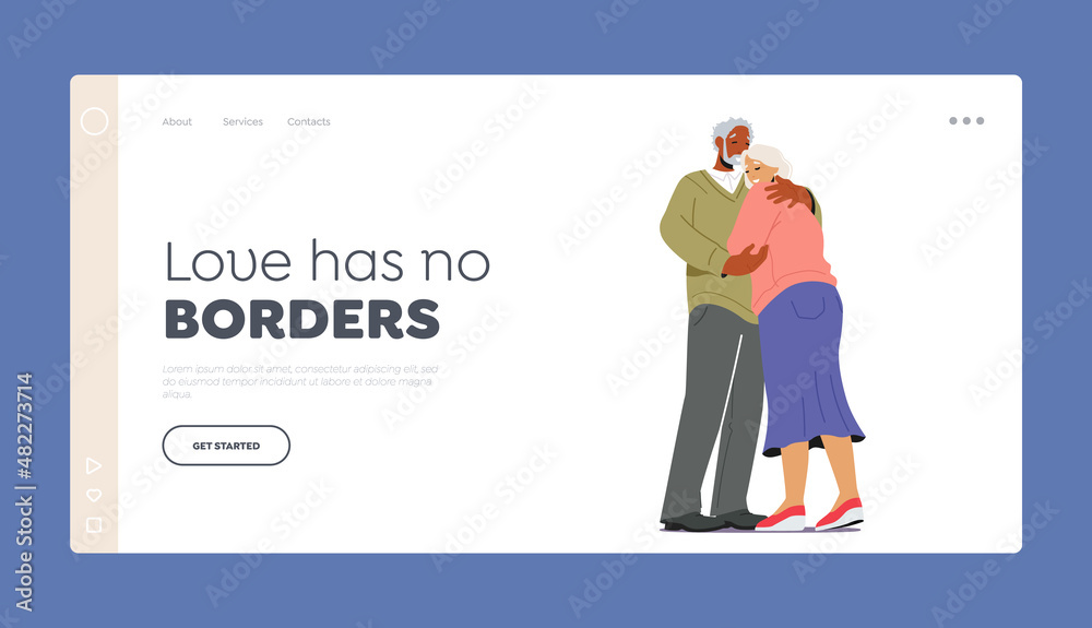 Elderly Characters Love Landing Page Template. Aged Couple Man and Woman Hug, Embrace. Happy Aged People Relationship