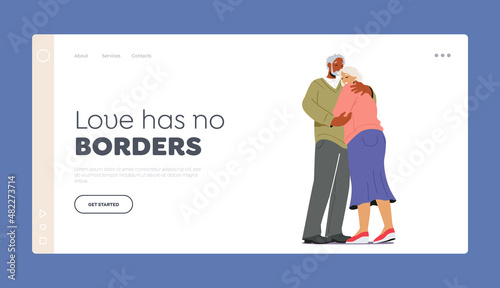 Elderly Characters Love Landing Page Template. Aged Couple Man and Woman Hug, Embrace. Happy Aged People Relationship