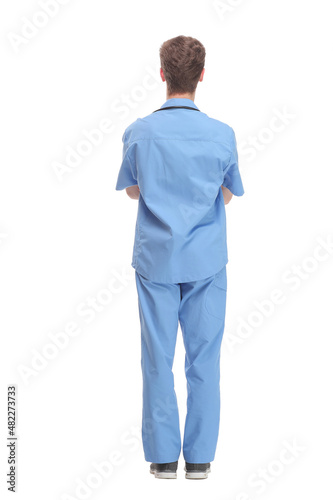 Back view of doctor standing in blue robe