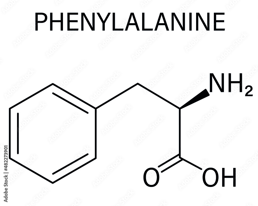 Phenylalanine or L-phenylalanine, Phe, F, amino acid molecule. Skeletal formula. Phenylalanine or L-phenylalanine, Phe, F, amino acid molecule. Skeletal formula.