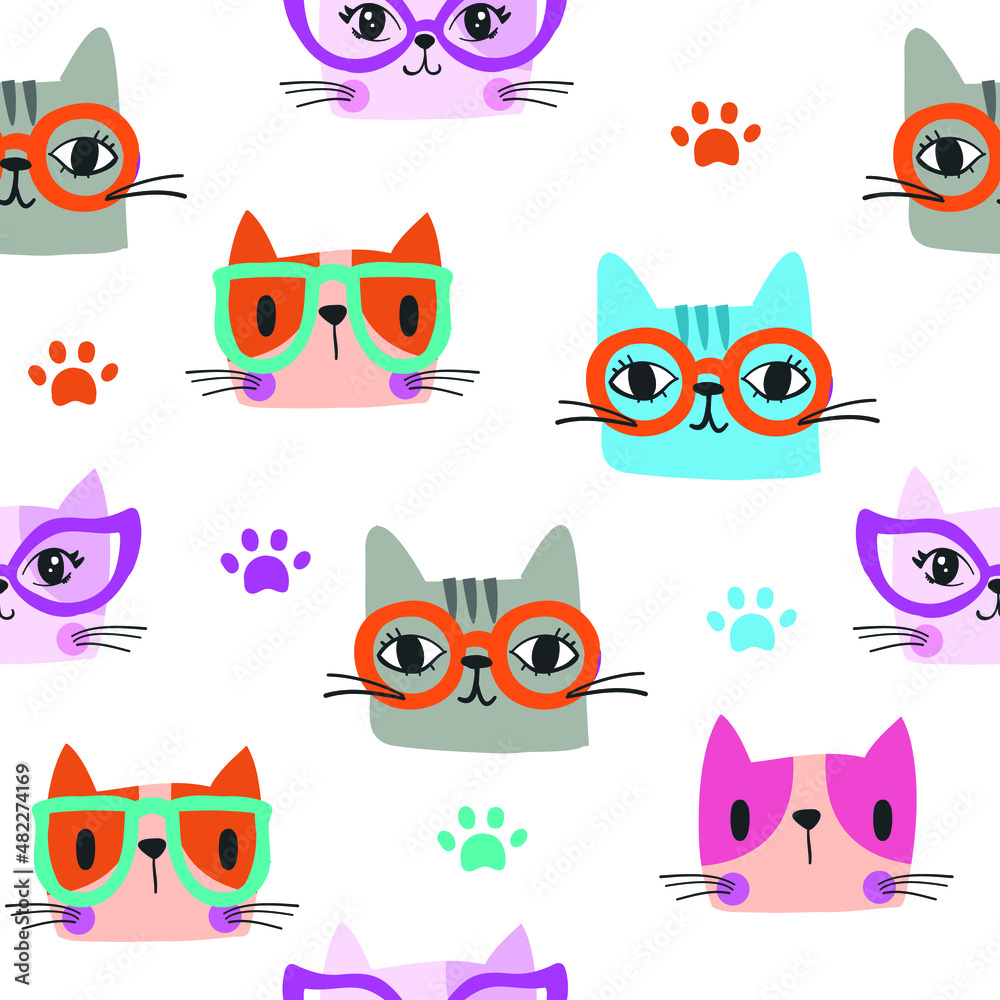 seamless pattern with cats, glasses, sunglasses, paw prints. Background for textile, fabric, kids, socks, web, stationary, wrapping, postcards, balloons , tablecloth, notebooks, kitchen dishes.