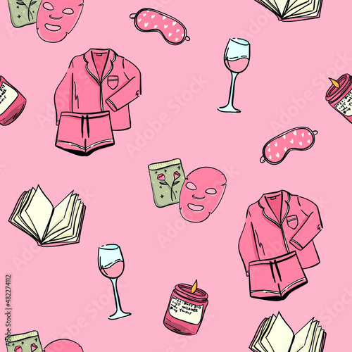 Seamless pattern with pajamas, book, mask, candle, glass of wine. Background for web, textile, fabric, wrapping paper, clothe, cards, stationary and other design.