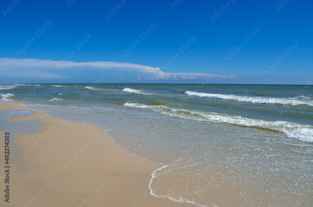 Sea waves wash the beach against a blue sky. Landscape on a wild beach. The sea in the summer.