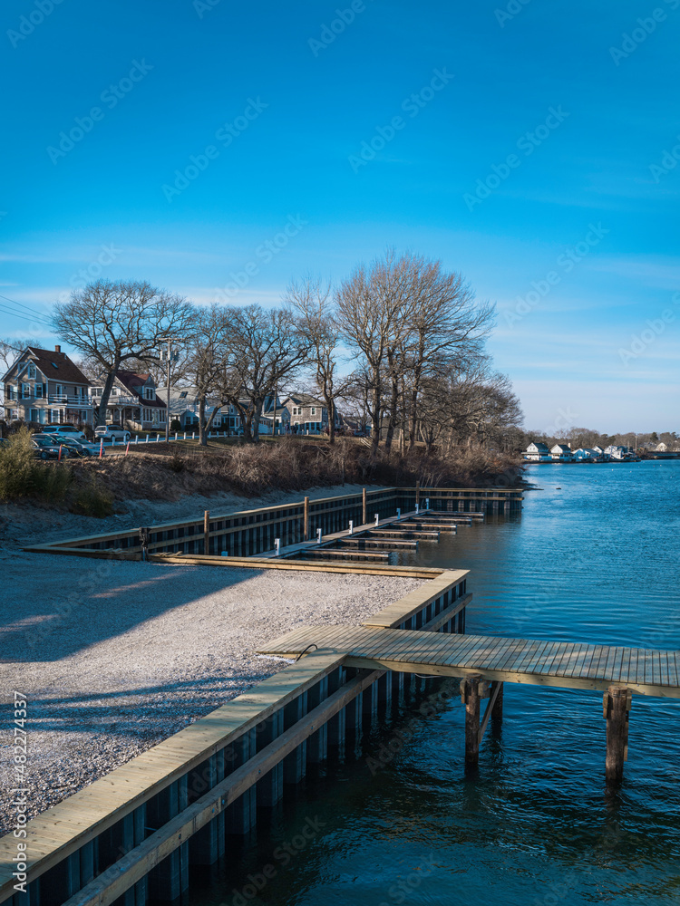 Empty pier and  boat dock in the coastal village