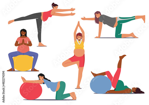 Set of Relaxing Pregnant Women Meditating, Exercising on Fit Ball, Healthy Pregnancy Concept. Characters Practicing Yoga