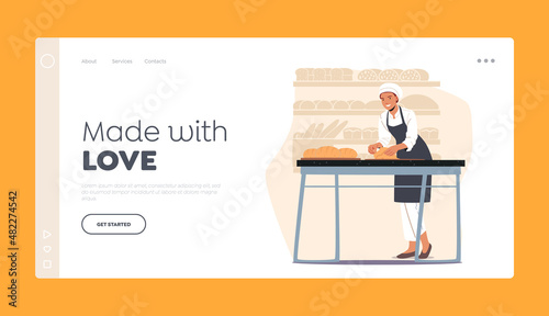 Bakery Food Production Landing Page Template. Female Baker Character Kneading Dough on Table for Baking Bread