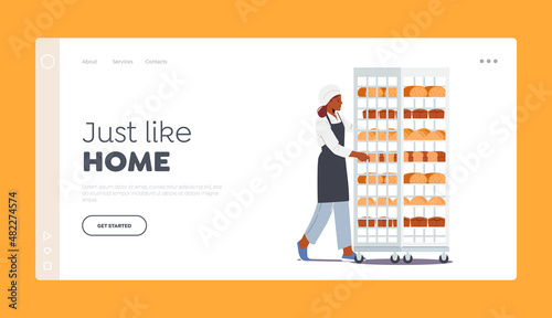 Bakery Factory Landing Page Template. Baking Plant Working Process. Baker in White Robe Rolling Trolley with Bread