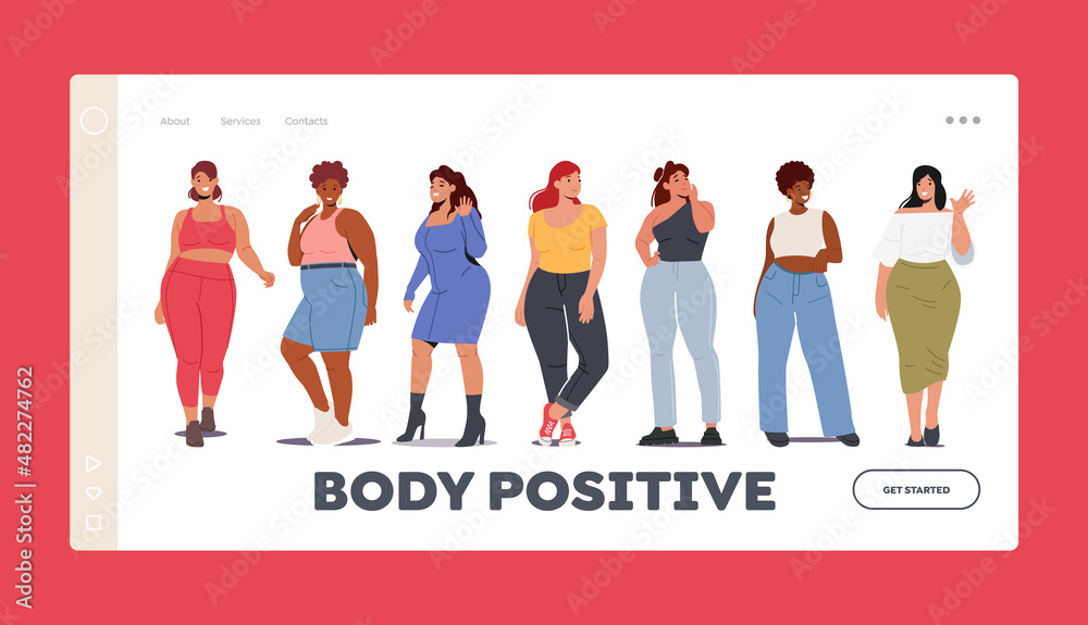 Body Positive Landing Page Template. Over Size Female Characters, Beautiful Women Wear Casual Clothes Dress or Pants