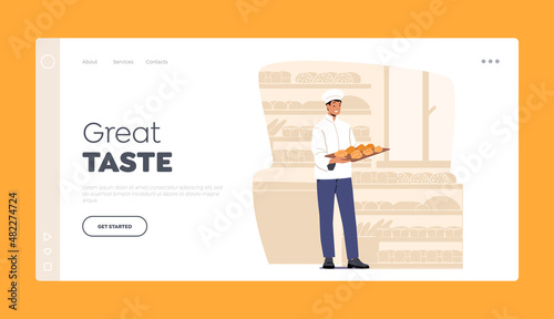 Pastry and Baked Food Production Landing Page Template. Bakery Industry, Man Baker in Sterile Uniform and Hat Hold Tray