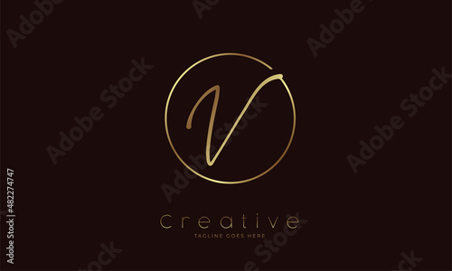 Initial V Logo. hand drawn letter V in circle with gold colour. usable for business. personal and company logos. vector illustration