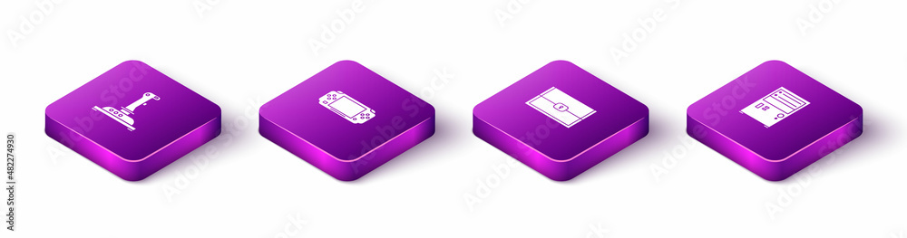 Set Isometric Joystick for arcade machine, Portable video game console, Chest and Computer icon. Vector Set Isometric Joystick for arcade machine, Portable video game console, Chest and Computer icon. Vector