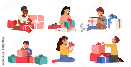 Set of Kids Holding, Opening, Getting Christmas, New Year, Birthday Presents. Children with Gifts on White Background