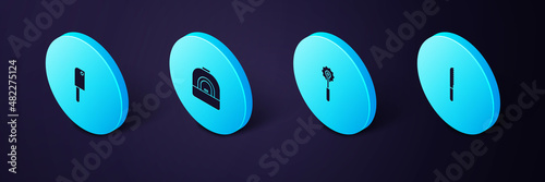 Set Isometric Bread knife, Pizza, Oven and Meat chopper icon. Vector