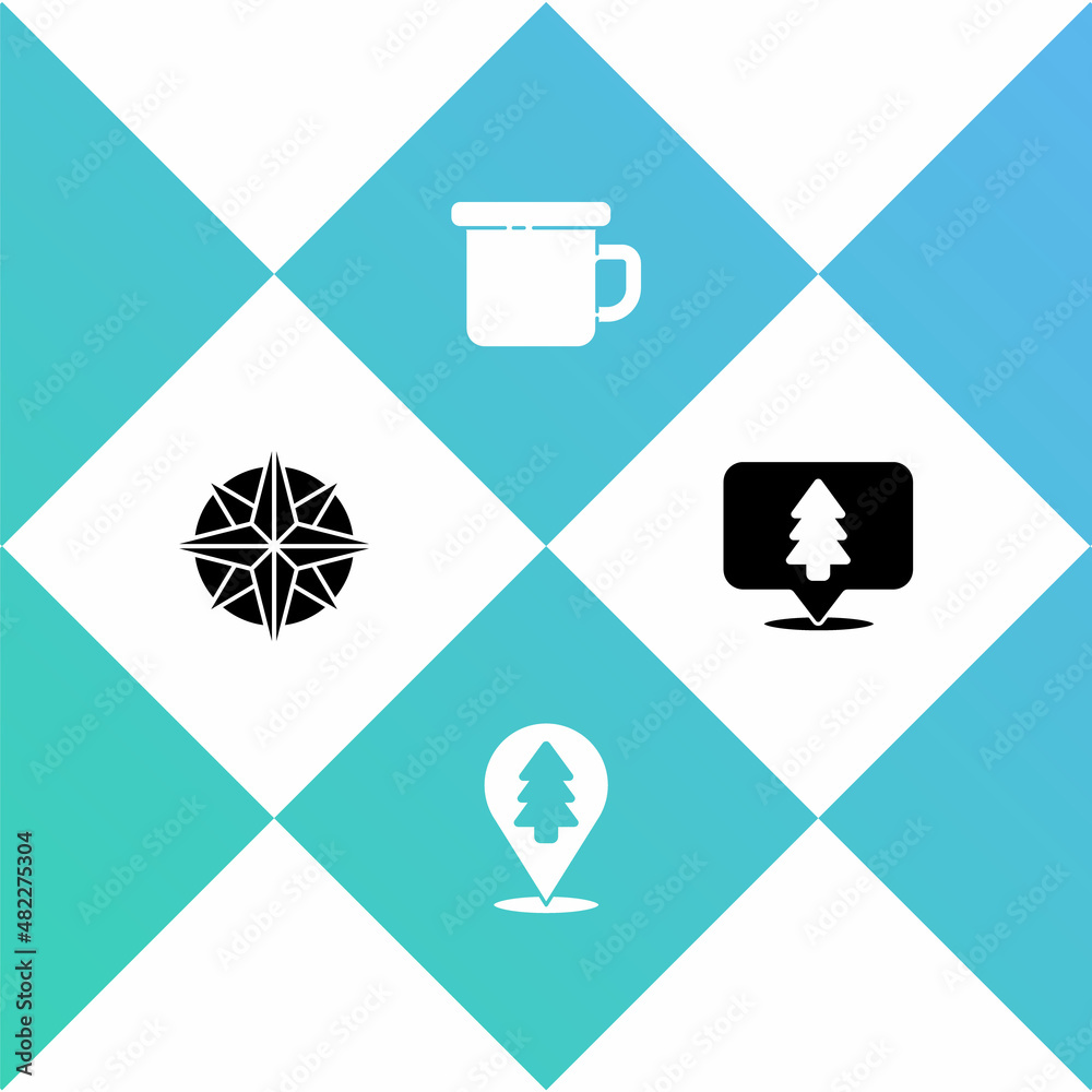 Set Wind rose, Location of the forest, Camping metal mug and icon. Vector