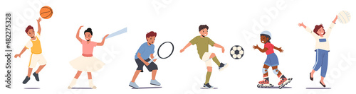 Set of Kids Sports Activities. Children Girls and Boys Characters Basketball, Ballet, Tennis, Soccer and Roller Skating