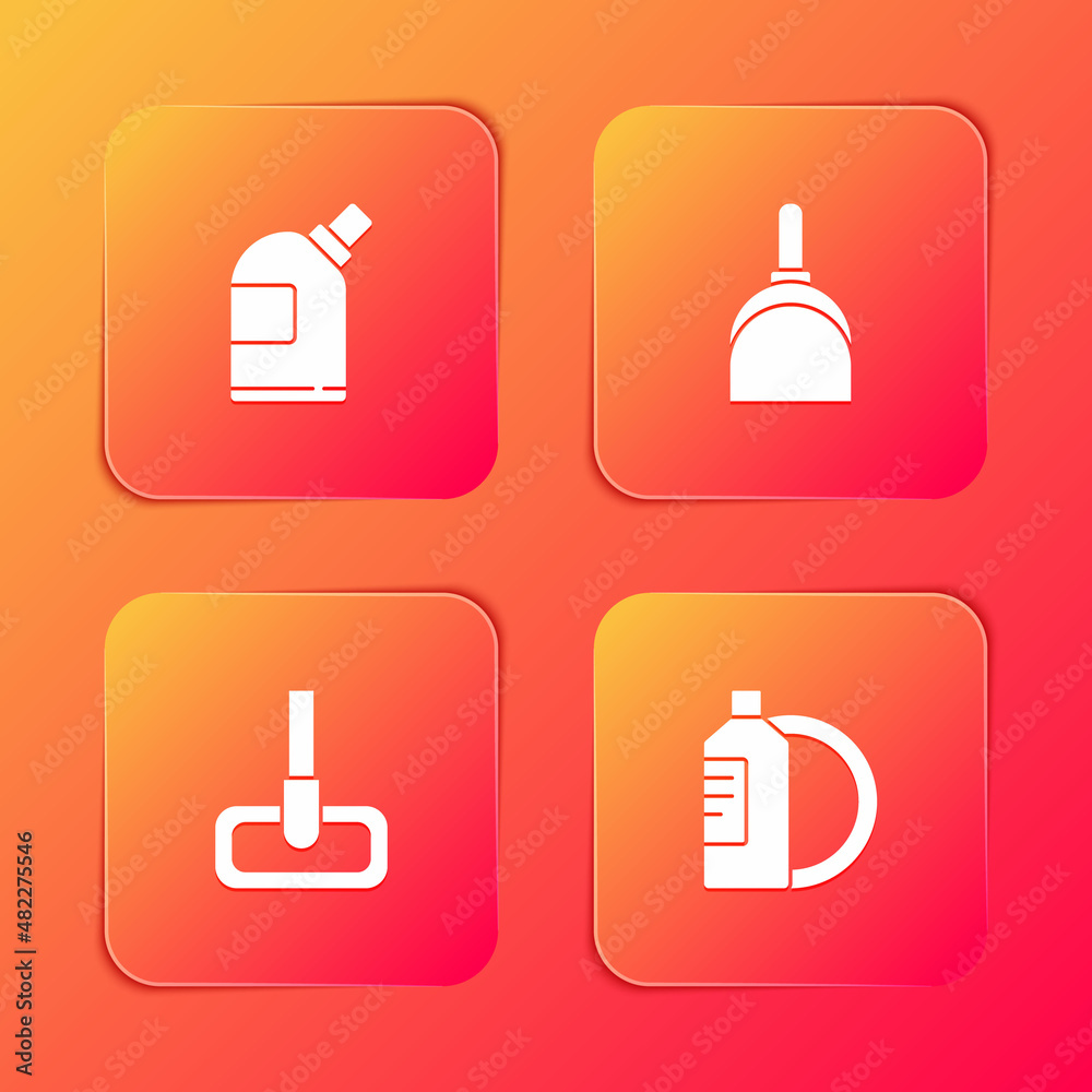 Set Bottles for cleaning agent, Dustpan, Mop and Dishwashing liquid bottle and plate icon. Vector Set Bottles for cleaning agent, Dustpan, Mop and Dishwashing liquid bottle and plate icon. Vector