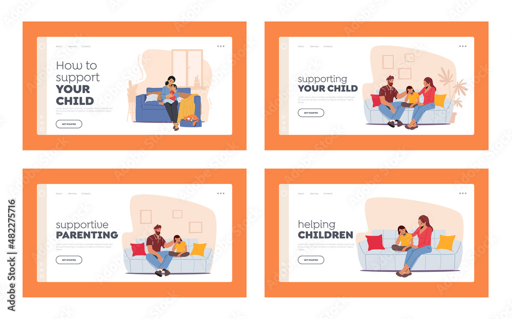 Parents Support their Children Landing Page Template Set. Father and Mother Comforting Kids. Upset Son and Daughter Cry
