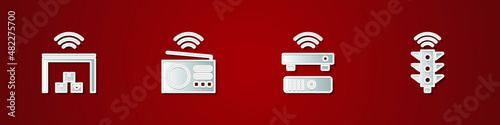 Set Smart warehouse, radio, Wireless TV box receiver and traffic light icon. Vector