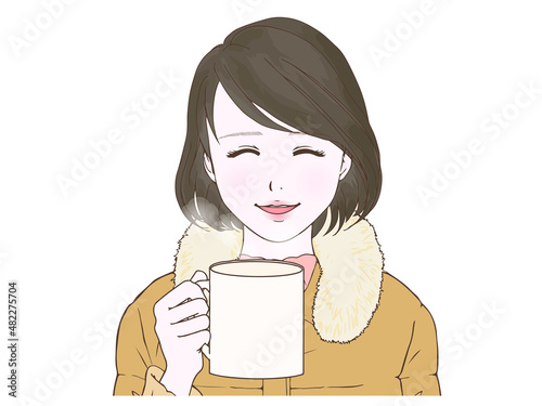 ダウンコートを着た女性②マグカップ_笑顔
