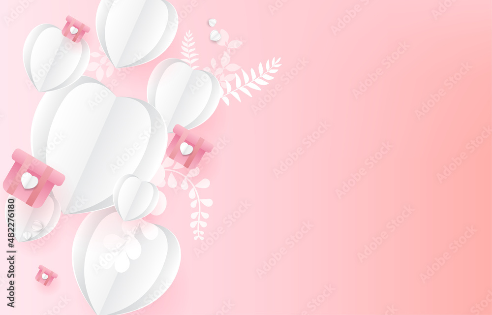 Valentine's day vector background.white pepaer hearts and gift boxs on pink background