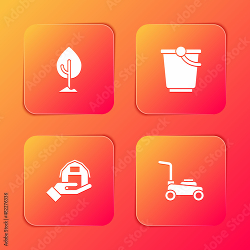 Set Tree, Bucket, Farm house in hand and Lawn mower icon. Vector